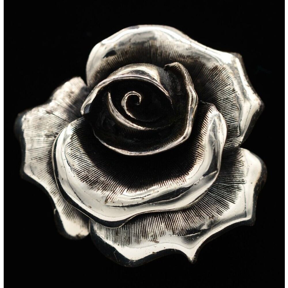 Tortolani Vintage Rose Pin Brooch Flower Chunky Heavy Silver Signed 1950s BinAT